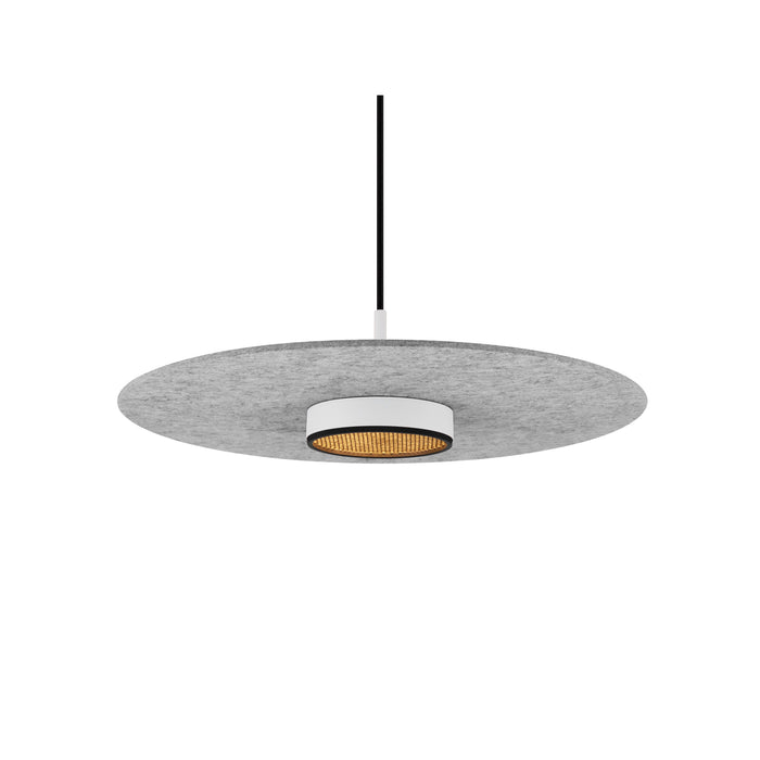 Gray felt pendant light fixture with white and black accents, suspended mounting.