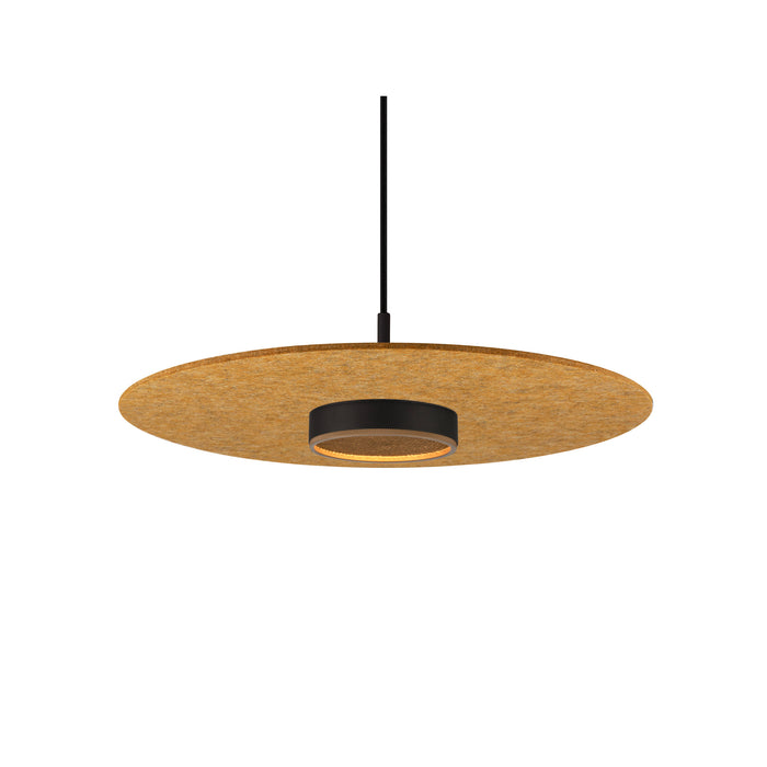 Pendant light with round, tan felt shade and black center light fixture.