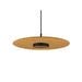 Pendant light with round, tan felt shade and black center light fixture.