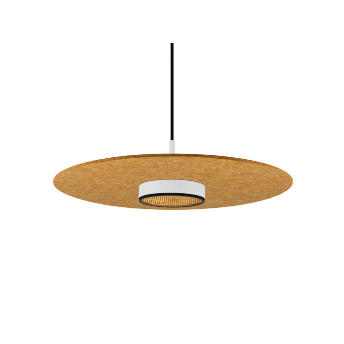 Pendant light with round, tan acoustic panel, white and black center light fixture, suspended mounting.