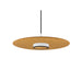 Pendant light with round, tan acoustic panel, white and black center light fixture, suspended mounting.