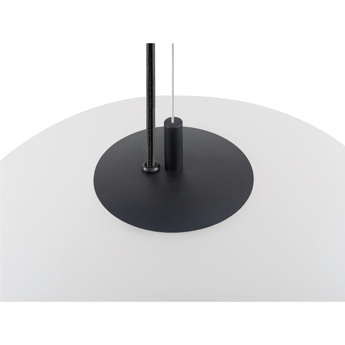 Pendant light with frosted glass shade and black metal mounting.