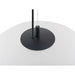 Pendant light with frosted glass shade and black metal mounting.