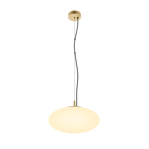 Gold-finish metal pendant light with round white glass shade, ceiling mounted.