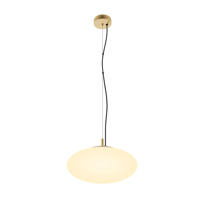 Gold-finish metal pendant light with round white glass shade, ceiling mounted.