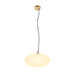Gold-finish metal pendant light with round white glass shade, ceiling mounted.