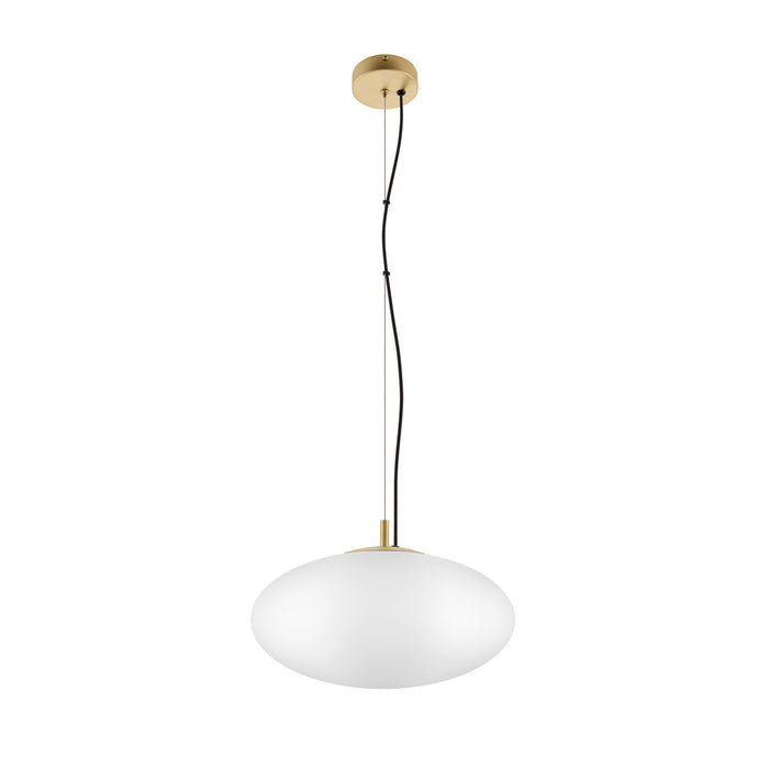 Pendant light fixture with a white glass shade, gold-tone metal accents, and ceiling mount.