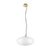 Pendant light fixture with a white glass shade, gold-tone metal accents, and ceiling mount.
