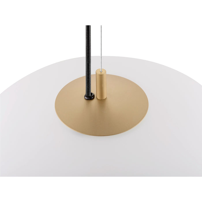 Pendant light detail: white glass shade, gold metal mount, black cord.