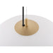 Pendant light detail: white glass shade, gold metal mount, black cord.