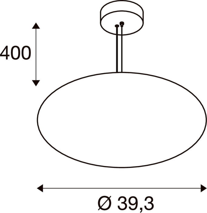 Technical drawing of a ceiling-mounted round pendant light fixture with dimensions.