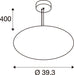 Technical drawing of a ceiling-mounted round pendant light fixture with dimensions.