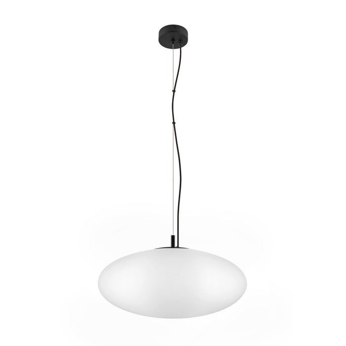 Modern pendant light with a white glass shade and black mounting.