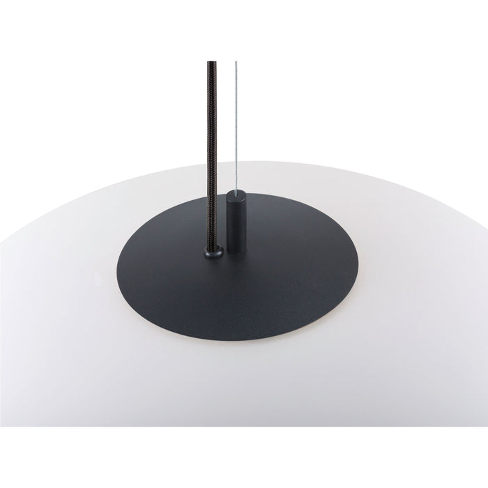 White glass pendant light with black metal canopy and cord.