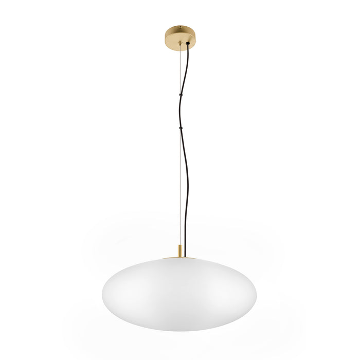 White glass pendant light fixture with gold-tone hardware, ceiling mounted.