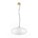 White glass pendant light fixture with gold-tone hardware, ceiling mounted.