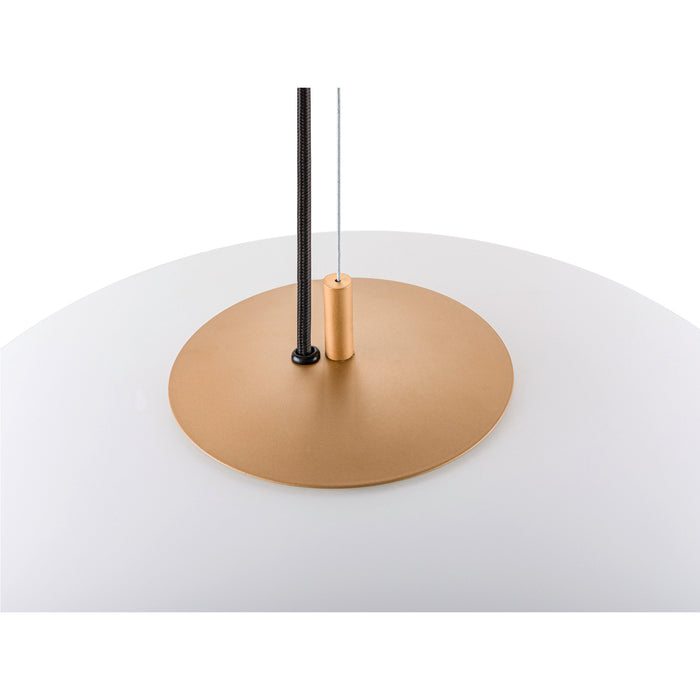 White glass pendant light with gold-tone metal accent and black cord.