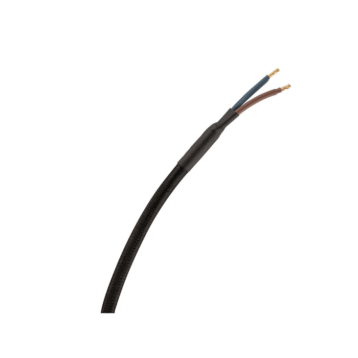 Black braided cloth-covered electrical wire with blue and brown conductors, and gold-colored pins.