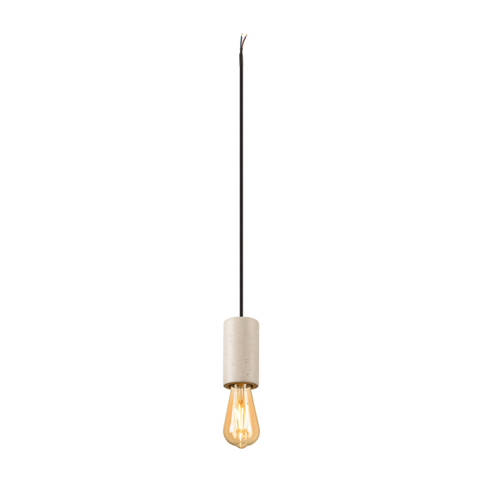 Pendant light with concrete cylinder shade, black cord, and Edison bulb.