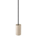 Concrete pendant light fixture with black cord.