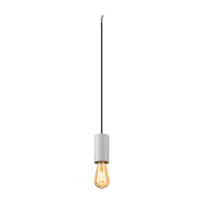 Concrete pendant light fixture with exposed bulb and black cord.