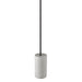 Concrete pendant light fixture with black cord.