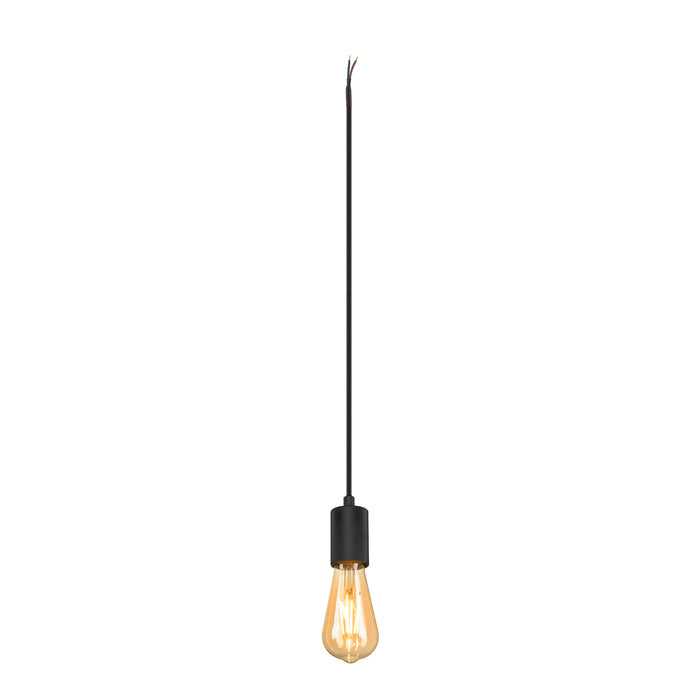 Black metal pendant light fixture with Edison bulb.