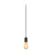 Black metal pendant light fixture with Edison bulb.