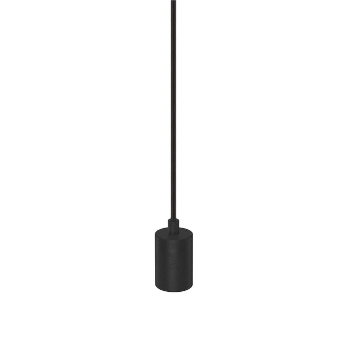 Black metal pendant light fixture with textured finish and cord suspension.