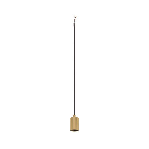 Hanging pendant light fixture, metal with gold finish, ceiling mounted.