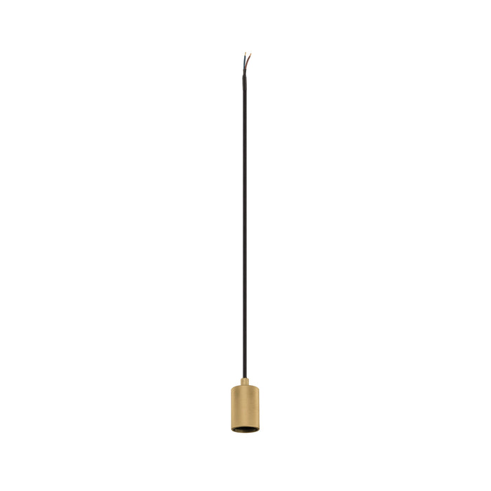 Hanging pendant light fixture, metal with gold finish, ceiling mounted.