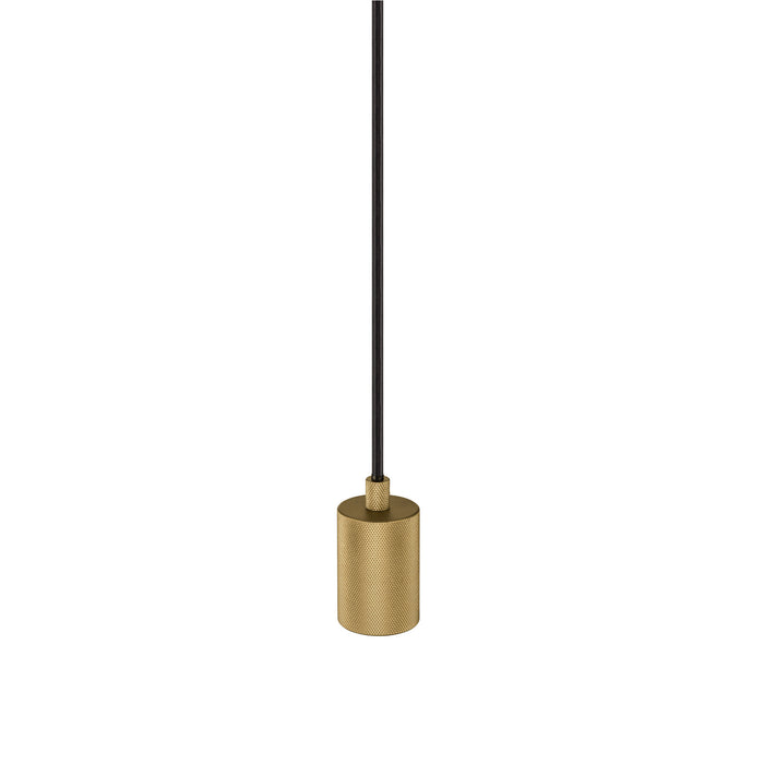 Knurled brass pendant light fixture with black cord.
