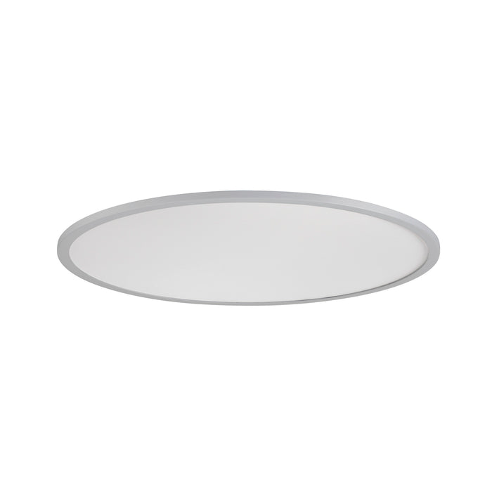 Gray metal flush mount ceiling light fixture with white diffuser.