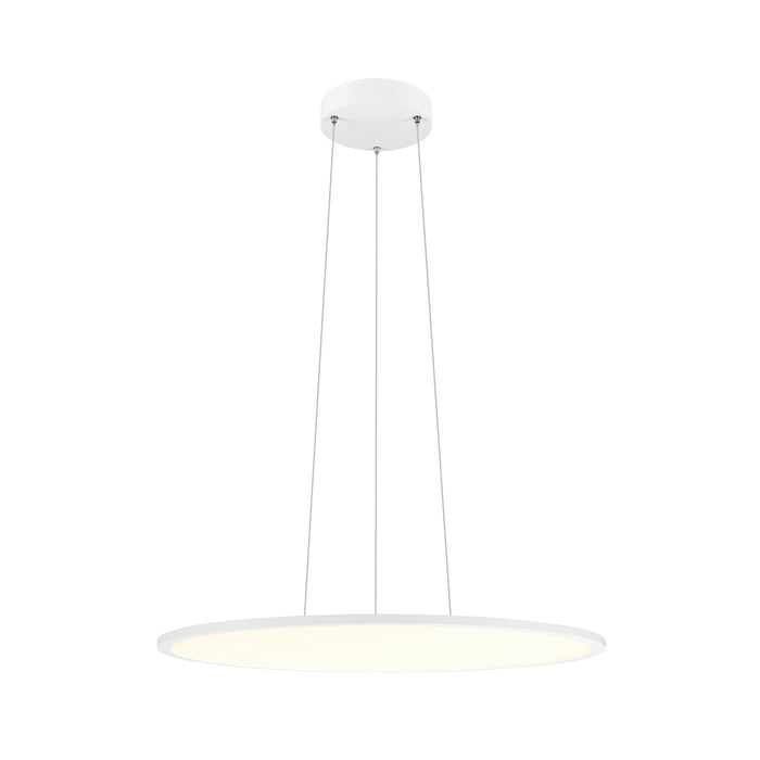 White metal pendant light fixture with a round, flat shade and cable mounting.