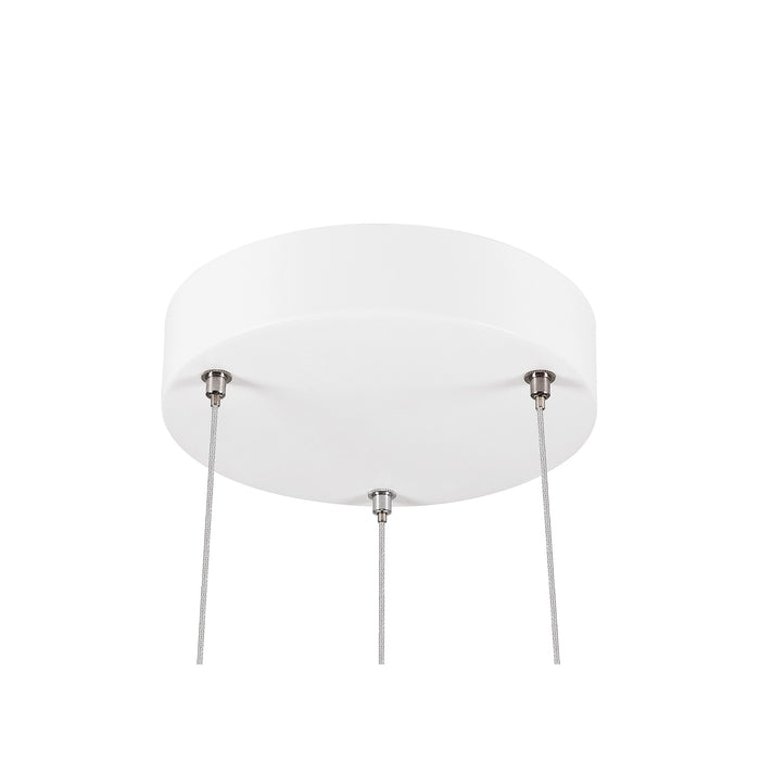 White ceiling-mounted canopy for pendant light fixture with steel cables.