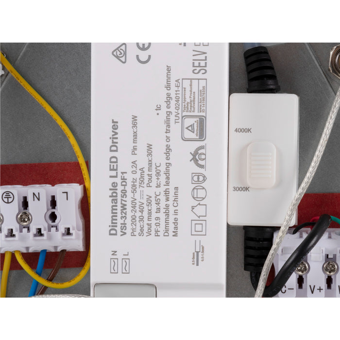 White dimmable LED driver with wiring, showing specifications and 3000K/4000K color temperature switch.