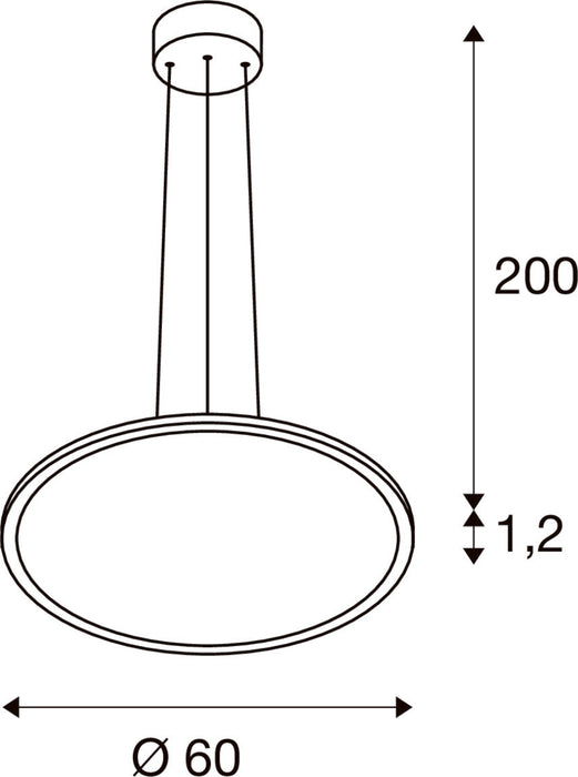 Technical drawing of a round, ceiling-mounted pendant light fixture with dimensions.