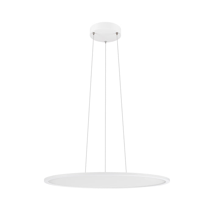 Modern white LED pendant light fixture with round shade and cable mounting.