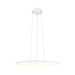 White metal LED pendant light fixture with a round, flat shade and cable mounting.