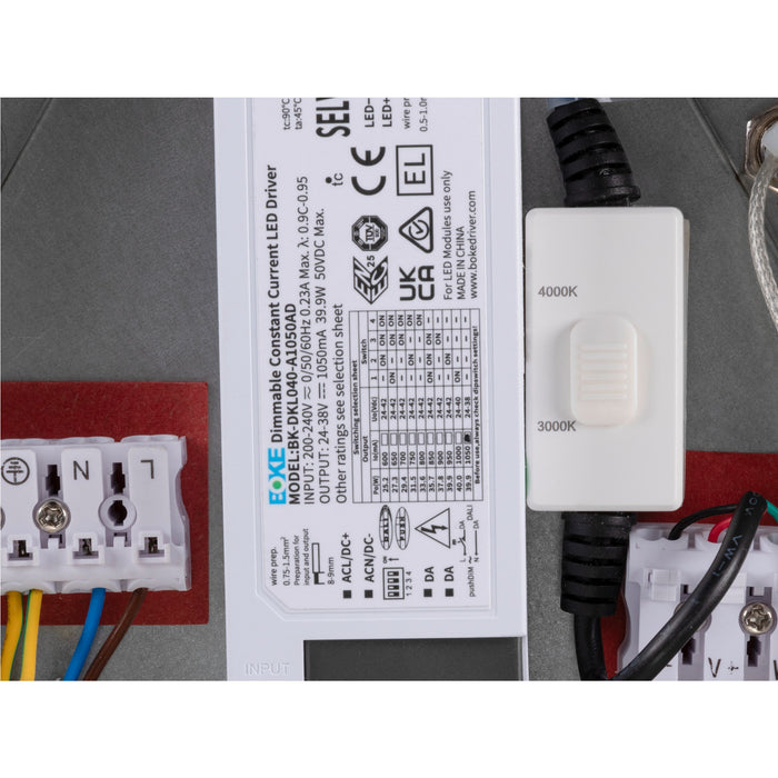 White EOXE BK-DKL040-A1050AD dimmable constant current LED driver with wiring and color temperature switch.