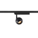 Black metal track lighting fixture with a spherical head.