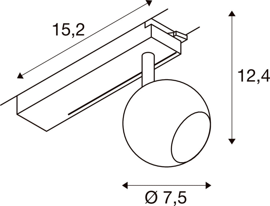 Technical drawing of a track light fixture with dimensions.