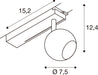 Technical drawing of a track-mounted spotlight with dimensions.