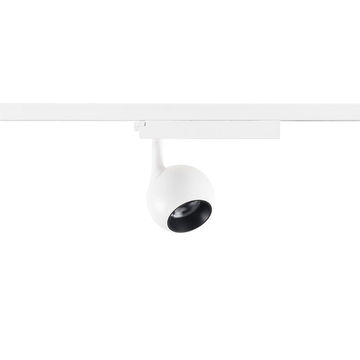 White track lighting fixture, round head, surface mounted.