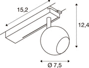 Technical drawing of a track light with dimensions.