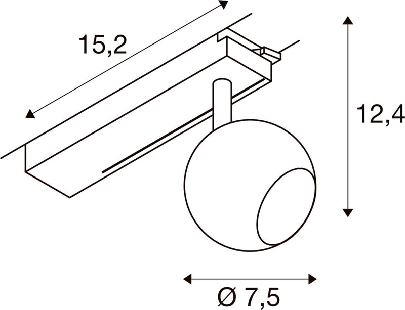 Technical drawing of a track light with dimensions.