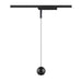 Black track lighting fixture with a spherical pendant lamp.