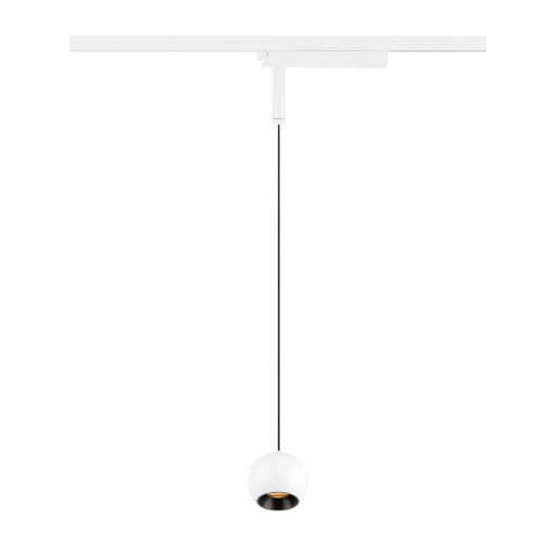 White orb pendant light fixture, track mounted.