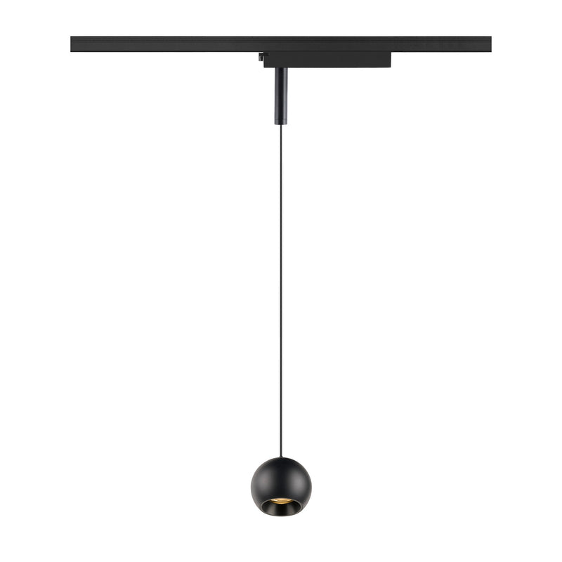 Black metal track lighting with a spherical pendant.