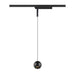 Black metal track lighting with a spherical pendant.